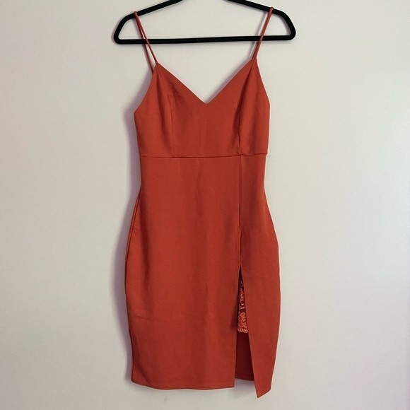 Orange Dress with Side Slit & Lace Detail, Medium, Sleeveless, Spaghetti Straps - Picture 1 of 13